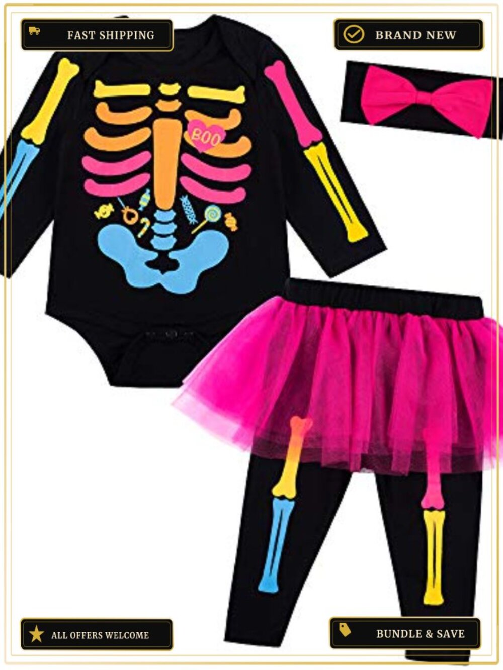 Baby Girls Skeleton Halloween Costume Long Sleeve Skull Tulle Skirt Romper Set